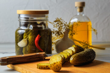 Pickled cucumbers in a jar.