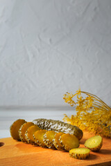 Pickled cucumbers in a jar.