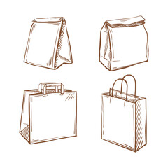 Various Delivery bag sketch set on a white isolated background. Brown Paper Bag for Grocery Shopping. Lunch package. Vector hand-drawn illustration. Vector illustration.