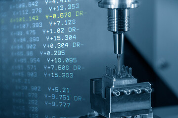 Abstract scene CNC milling machine cutting the copper electrode parts and G-code data background.