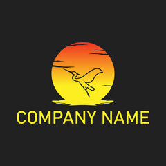 flying heron bird Silhouette with Moon Background Logo Design, Heron logo concept silhouette in a circle sunset