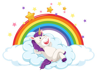 Happy unicorn lying on cloud with rainbow in cartoon style