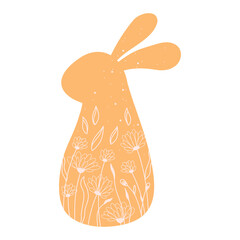 Silhouettes Easter rabbit with flowers. Illustration cute orange hair in Scandinavian style. Vector