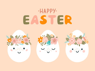 Template with character Easter egg and flowers in flat style. Illustration colorful spring eggs in pastel colors and space for your text. Vector