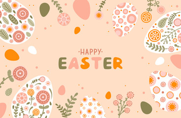 Template with silhouette Easter egg and flowers in flat style. Illustration cute spring eggs in pastel colors and space for your text. Vector