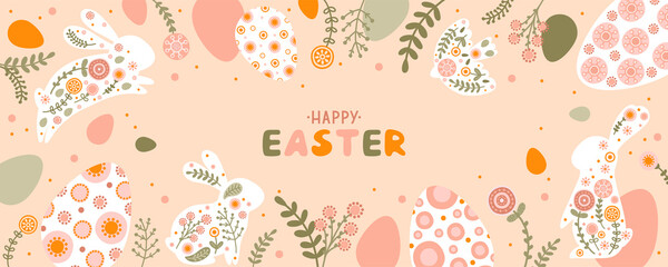 Template with silhouette Easter egg, rabbit, flowers and space for your text in flat style. Banner cute spring eggs and hare in pastel colors. Vector Illustration - 489645151