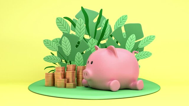 Piggy pig runs into an island with plants. The concept of money saving, financing, financial planning, investment