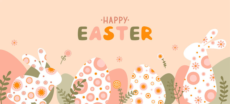 Template with silhouette Easter egg, rabbit, flowers and space for your text in flat style. Banner cute spring eggs and hare in pastel colors. Vector Illustration