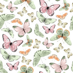 Seamless pattern with watercolor illustrated butterflies