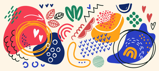 Naklejka premium Big set of hand drawn bright various shapes and doodle objects contemporary abstract elements. Rainbow, stamp texture, blot, lines, zigzags, dots pattern background