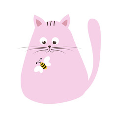 A cat with a bee on its head. It s flat. Children s vectors are drawn on a white, isolated background for banners.