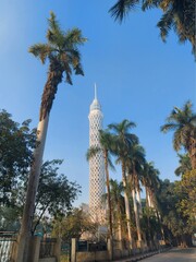 A photo portrait building Cairo Tower in the city with palm trees at summer