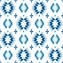 Blue geometric Aztec style. Mosaic on the tile.  African Moroccan pattern. Ethnic carpet. Majolica. Ancient interior. Asian rug. Tribal vector ornament. textile.