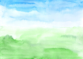Obraz na płótnie Canvas Watercolor drawing of a green meadow and a blue sky. Colorful illustration for postcards, banners and posters.