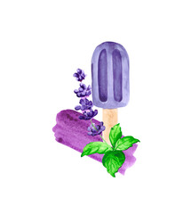 Bright lavender ice cream on a stick, decorated with a flower and mint, on a white background. Watercolor drawing for decorating postcards and posters on food and desserts.