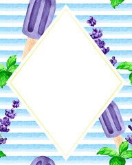 Watercolor frame with blue stripes, ice cream on a stick, lavender flower and green mint. Botanical drawing for decorating postcards and posters with space for text.