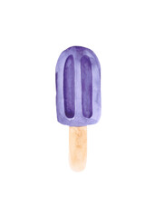 Bright popsicle on a stick, isolated on a white background. Watercolor drawing for the design and decoration of postcards and posters on food and desserts.