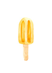 Bright popsicle on a stick, isolated on a white background. Watercolor drawing for the design and decoration of postcards and posters on food and desserts.