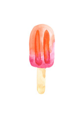 Bright popsicle on a stick, isolated on a white background. Watercolor drawing for the design and decoration of postcards and posters on food and desserts.