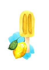 Bright lemon ice cream on a stick, decorated with fresh citrus, on a white background. Watercolor drawing for decorating postcards, menus and posters on food and desserts.