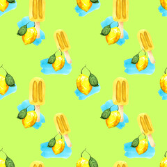 Watercolor background with ice cream on a stick and lemon on a blue background. Seamless pattern for bright colorful wallpaper, textiles, packaging, office and bed linen.