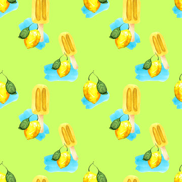 Watercolor background with ice cream on a stick and lemon on a blue background. Seamless pattern for bright colorful wallpaper, textiles, packaging, office and bed linen.
