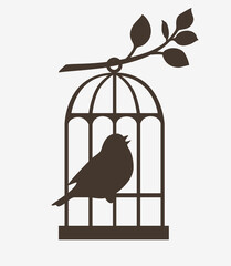 Silhouette of Bird in birdcage. Vintage vector icon isolated on white. 