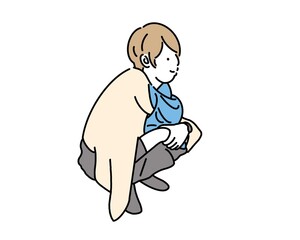 しゃがんでニッコリしている女性の横顔