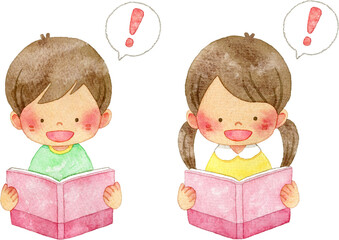 本を読む子供たちのイラスト(ビックリマーク)