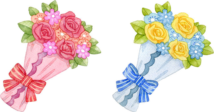 【セット素材】バラの花束のイラスト(赤、青)