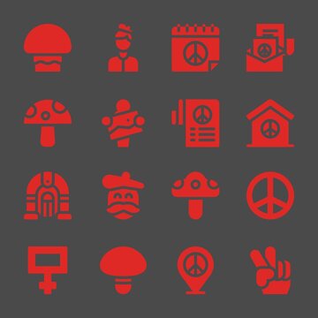 60s web icons. Mushroom and Artist, Peace and Peace symbol, vector signs
