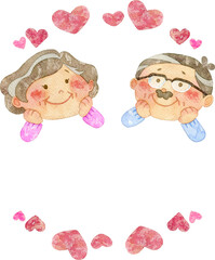 ニコニコ笑顔の老夫婦のイラスト(ハートのフレーム付き)