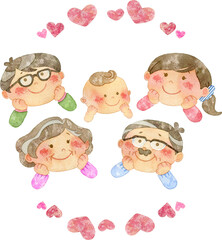 ニコニコ笑顔の家族のイラスト(5人/ハートの装飾付き)