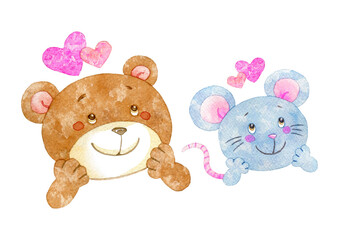 ワクワクしているクマとネズミのイラスト(ハート付き)