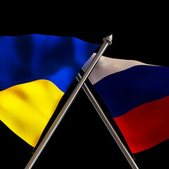 Ukraine vs Russia flags on black background isolated