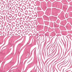 Set of seamless patterns with animal prints. Metallic pink vector illustration