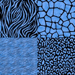 Set of seamless patterns with animal prints. Metallic blue vector illustration