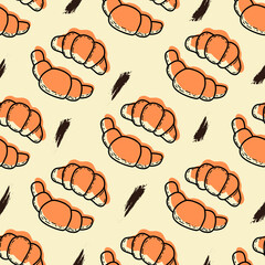 Seamless vector pattern with cute croissants in doodle style on yellow pastel background