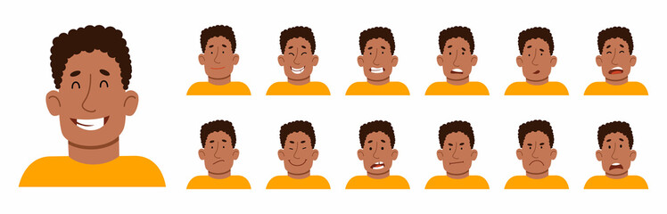 A set of different emotions of an African-American man. A handsome man with different facial expressions. Vector illustration in cartoon style