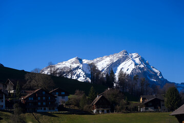 Fototapeta premium Local mountain Pilatus seen from village Stans, Canton Nidwalden, on a sunny winter day. Photo taken February 9th, 2022, Engelberg, Switzerland.