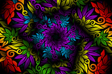 seamless colourful caleidoscope gradient flower and leaf art pattern of indonesian culture traditional tenun batik ethnic dayak ornament for wallpaper ads background 