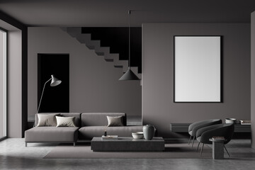 Dark living room interior with sofa, armchairs, coffee table