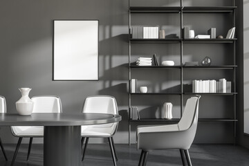 Dark office room interior furniture and shelf with decoration, mockup poster