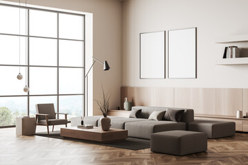 Fototapeta na wymiar Living room interior with seats and coffee table. Mockup frames