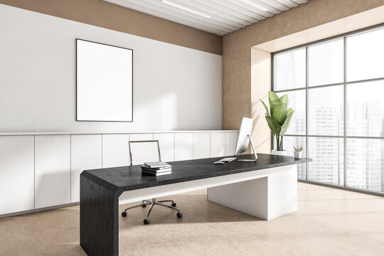 Office room interior, ceo table, desk, desktop computer, armchair, panoramic windows, concrete floor. Mockup white blank poster on wall. Concept of international business. City view. 3d rendering