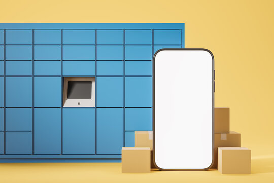 Smartphone and automated service post with parcels. Mockup screen