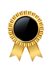 Gold award badge with ribbon and black button, 3d realistic circle shiny emblem trophy