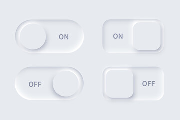 Neumorphism UI, on and off buttons set, neumorphic white 3d slider bars, unlock and lock