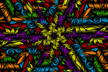 seamless colourful caleidoscope gradient flower and leaf art pattern of indonesian culture traditional tenun batik ethnic dayak ornament for wallpaper ads background 