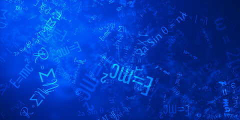 The illustration of beautiful scientific background with science physic formula abstract creative concept on dark blue background. 3D rendering. 3D illustration art for web or presentation decoration.